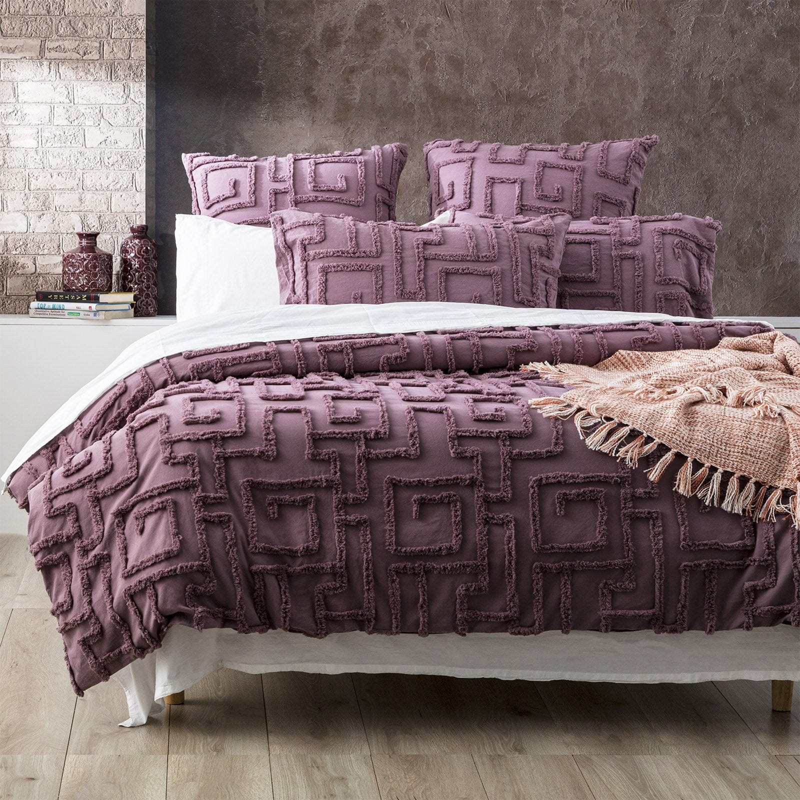 Renee Taylor Quilt Cover Riley 100% Cotton Chenille Vintage Washed Tufted Quilt Cover Set - Grape