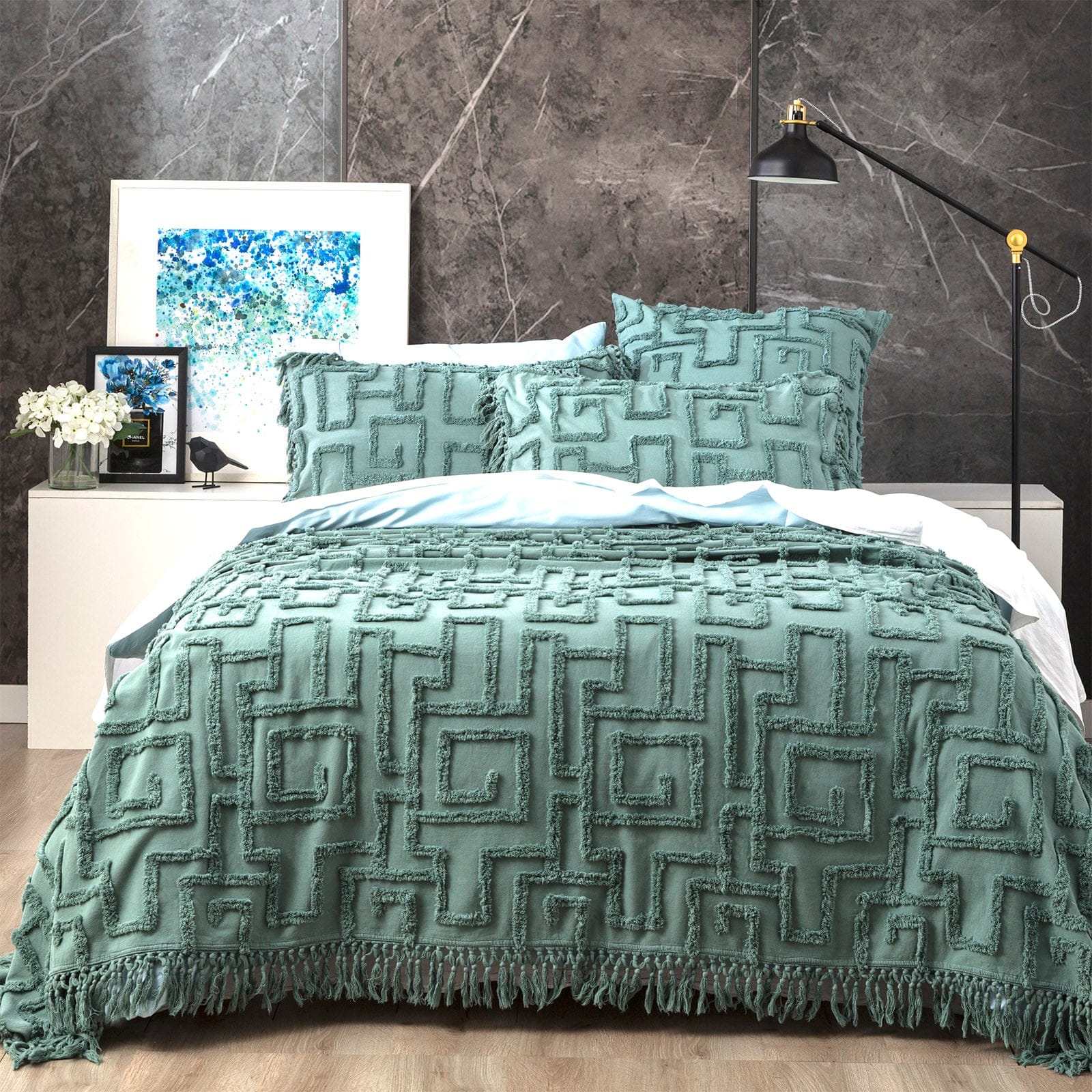 Renee Taylor Quilt Cover Riley 100% Cotton Vintage Washed Tufted Bed Cover - Mineral