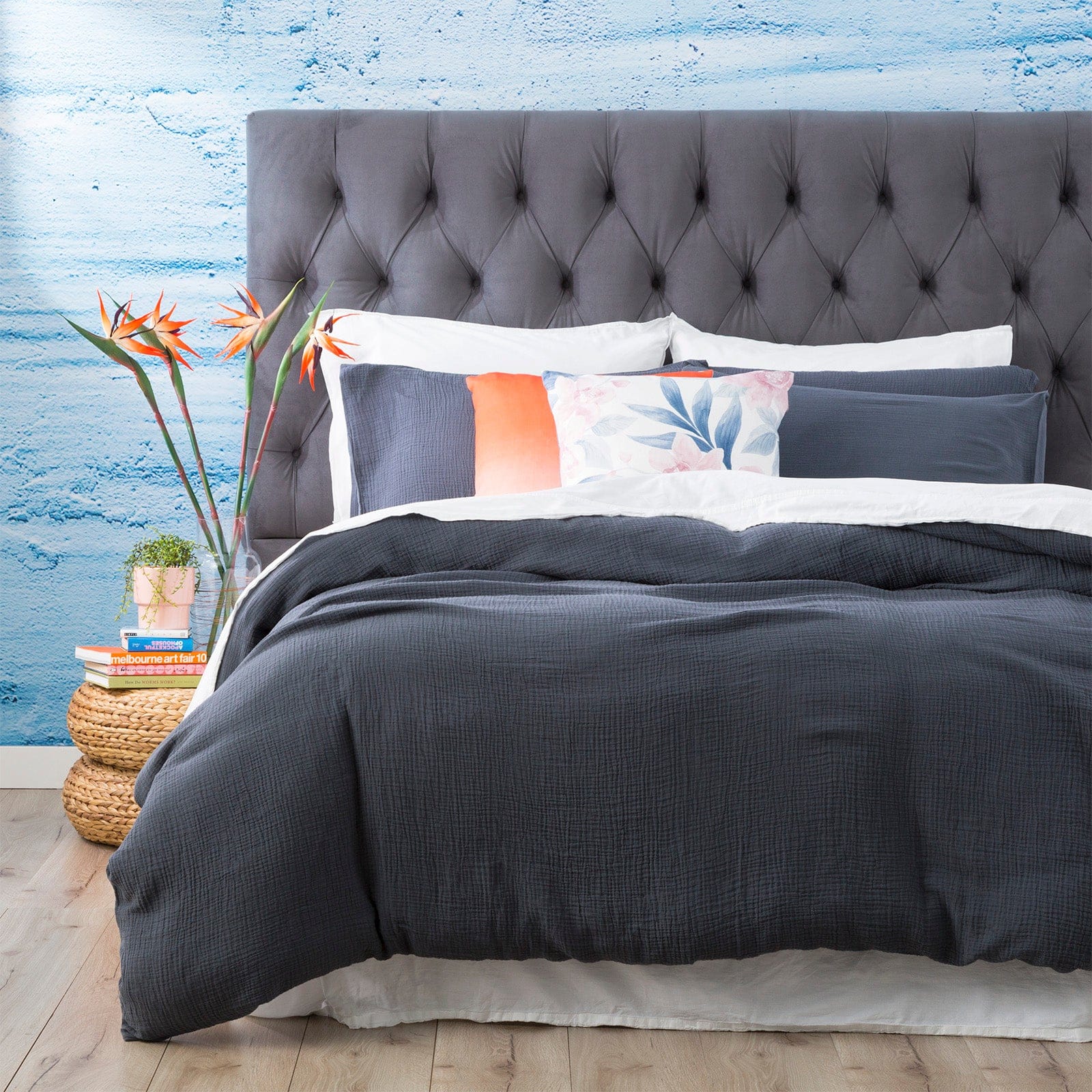 Renee Taylor Quilt Cover Solana Washed Cotton Textured Quilt Cover Set - Blue