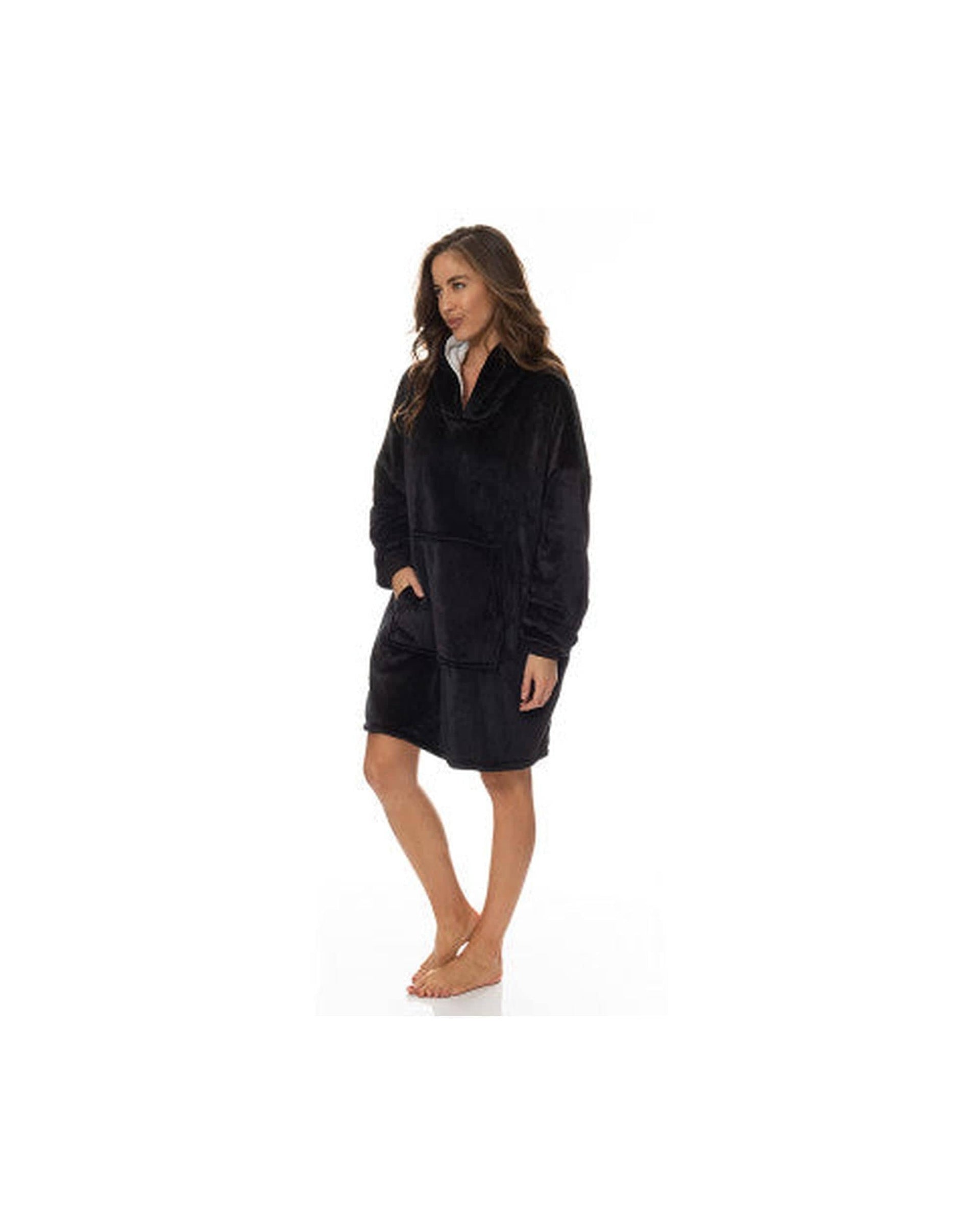 Royal Comfort Pajamas Royal Comfort Snug Hoodie Nightwear Super Soft Reversible Coral Fleece 750GSM One Size Black