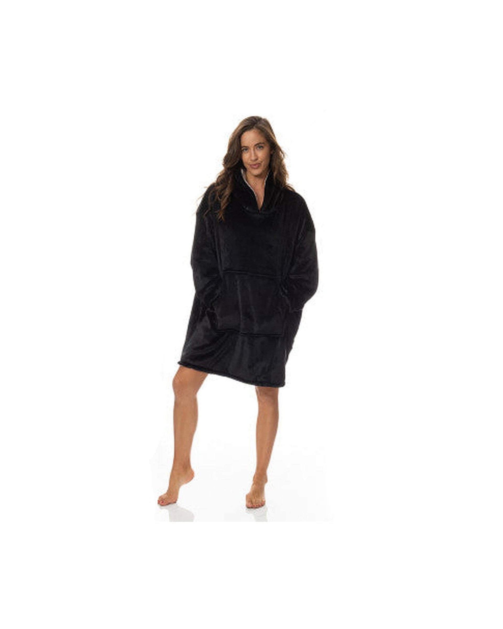 Royal Comfort Pajamas Royal Comfort Snug Hoodie Nightwear Super Soft Reversible Coral Fleece 750GSM One Size Black