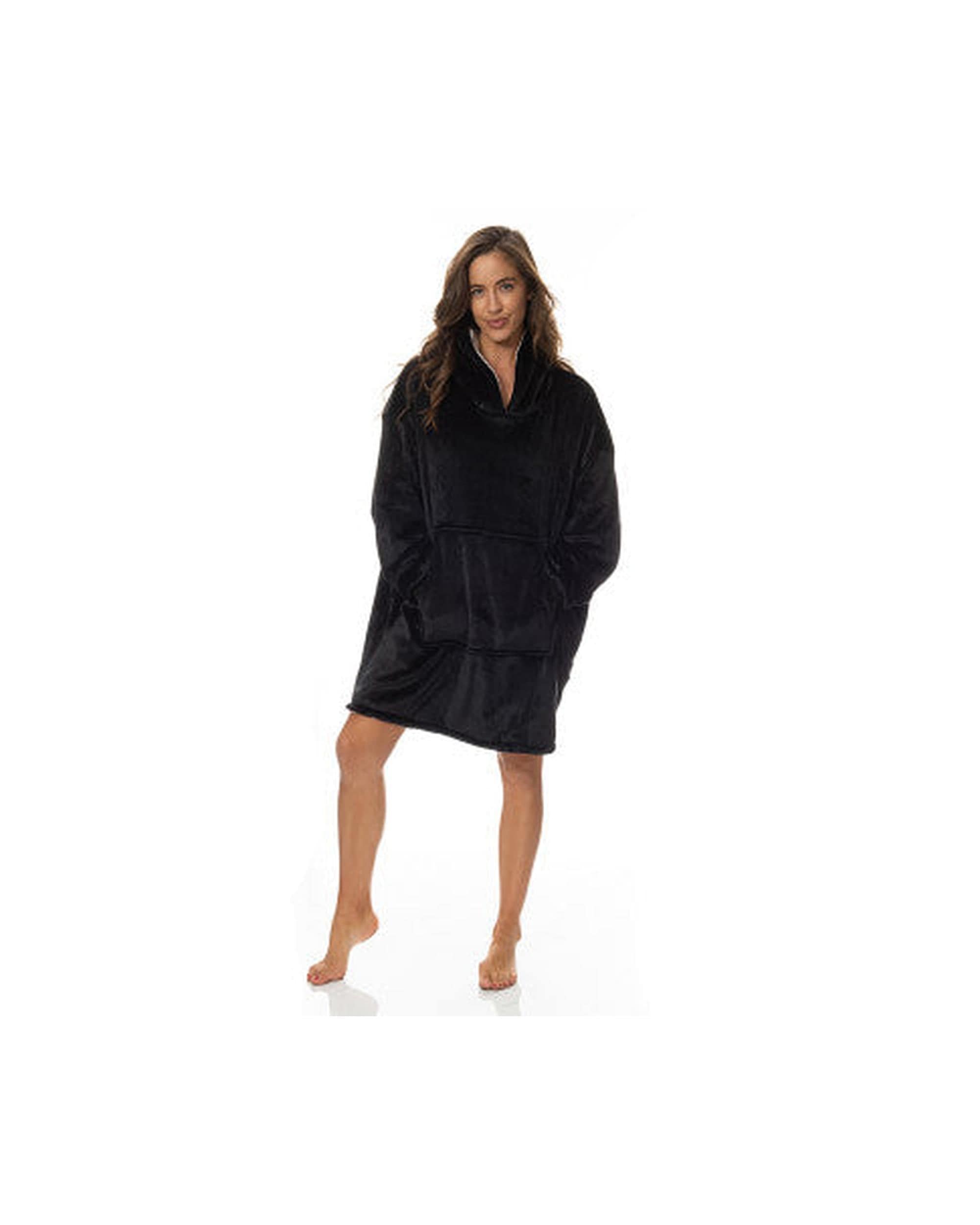 Royal Comfort Pajamas Royal Comfort Snug Hoodie Nightwear Super Soft Reversible Coral Fleece 750GSM One Size Black