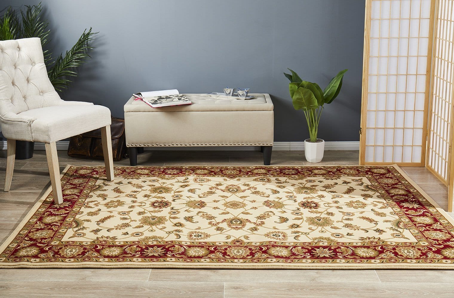 Rug Culture Rugs Sydney Collection Classic Rug Ivory with Red Border