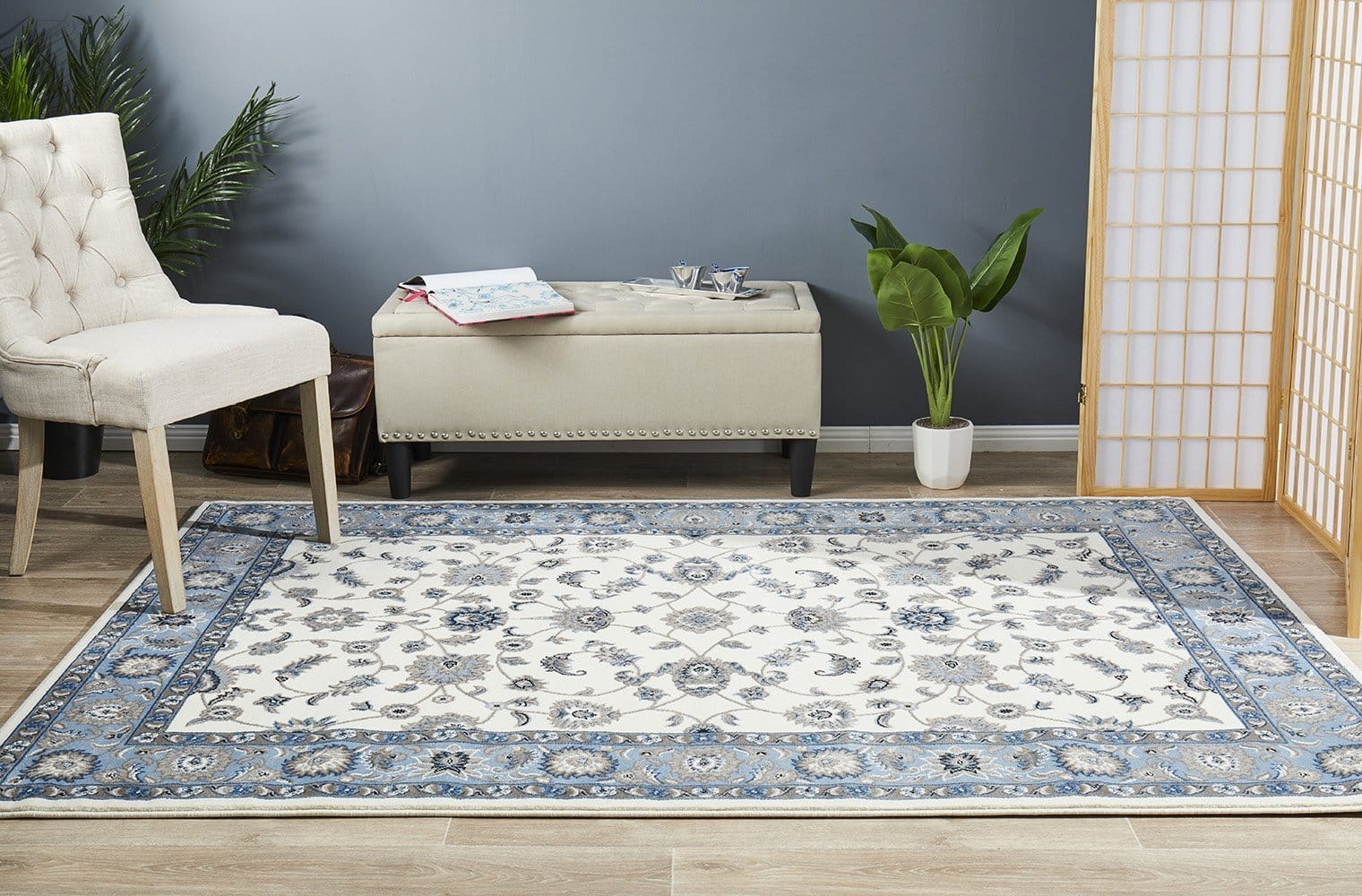 Rug Culture Rugs Sydney Collection Classic Rug White with Blue Border