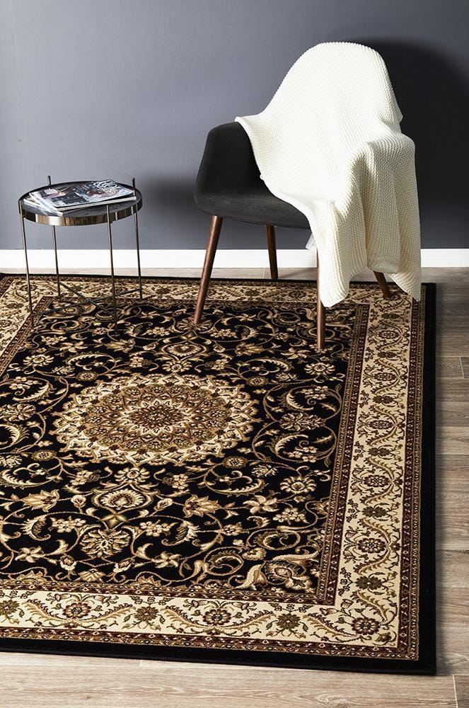 Rug Culture Rugs Sydney Collection Medallion Rug Black with Ivory Border