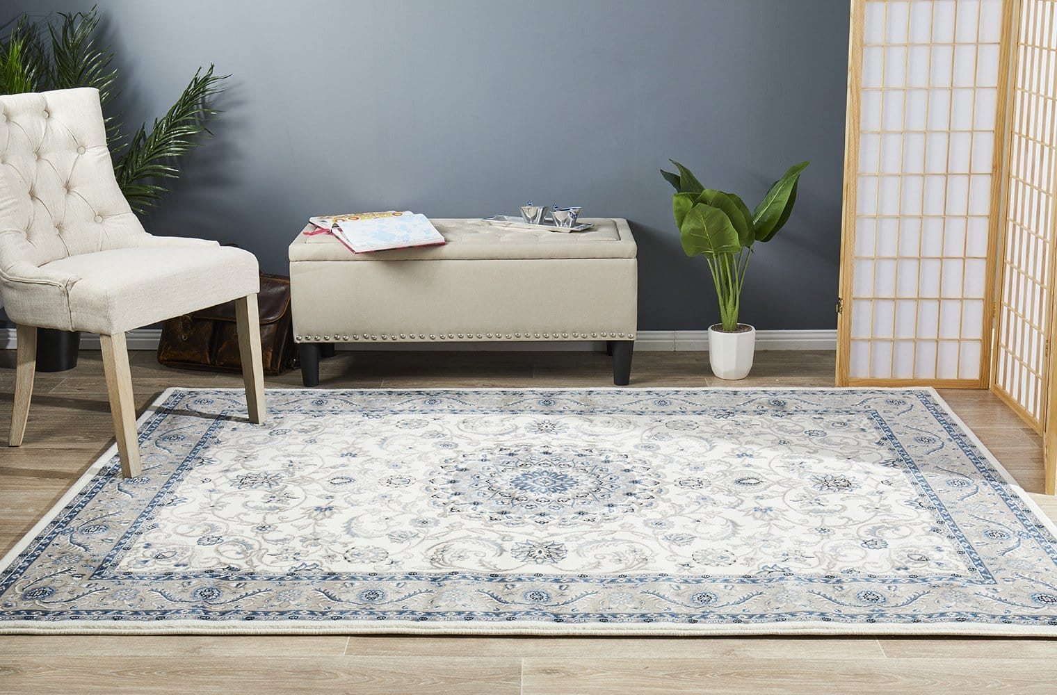 Rug Culture Rugs Sydney Collection Medallion Rug White with Beige Border