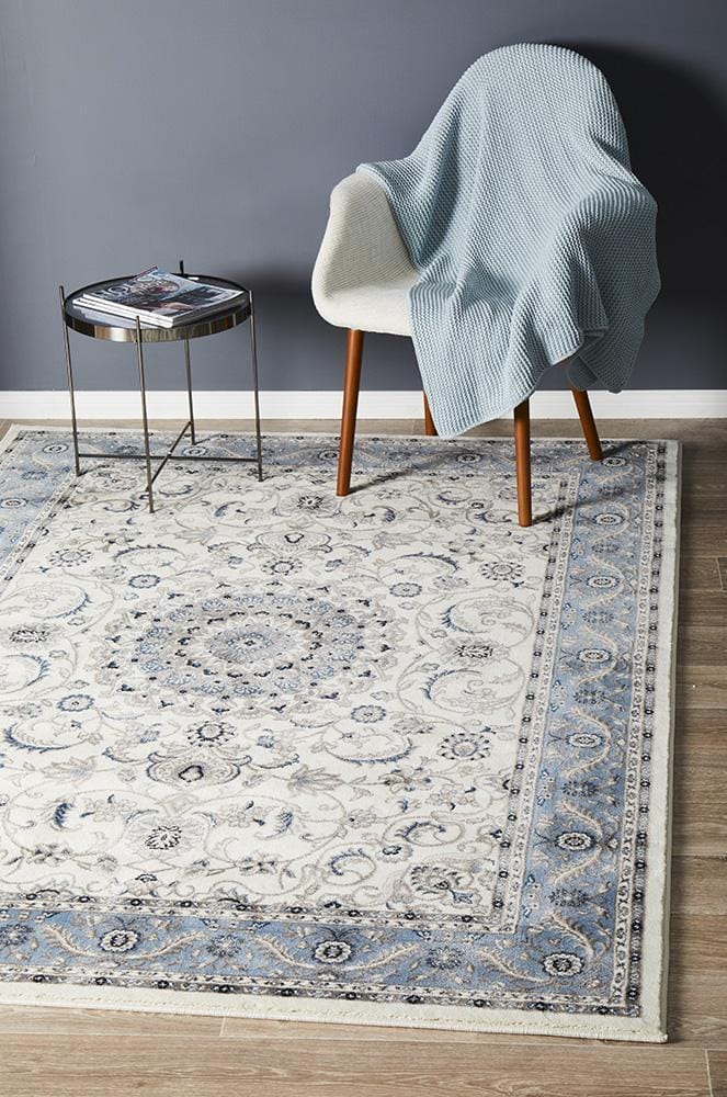 Rug Culture Rugs Sydney Collection Medallion Rug White with Blue Border
