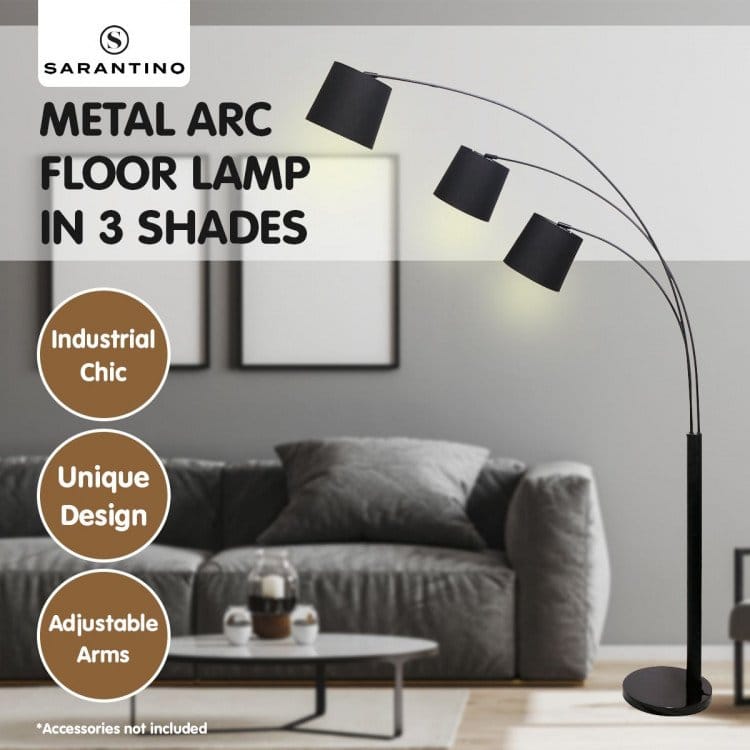 Sarantino Lamp SARANTINO 3-LIGHT ARC FLOOR LAMP ADJUSTABLE BLACK TAPER SHADES