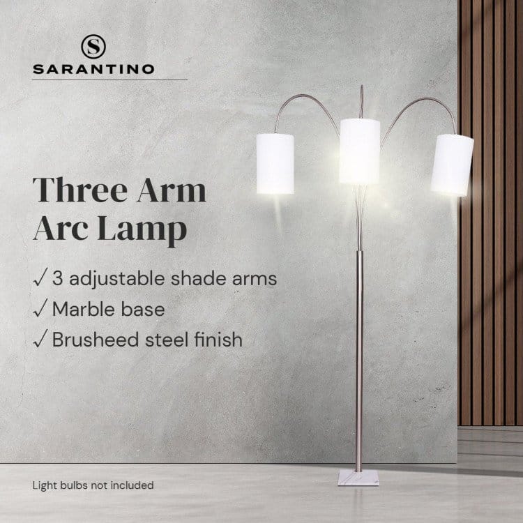 Sarantino Lamp SARANTINO 3-LIGHT METAL ARC FLOOR LAMP - NICKEL & MARBLE FINISH