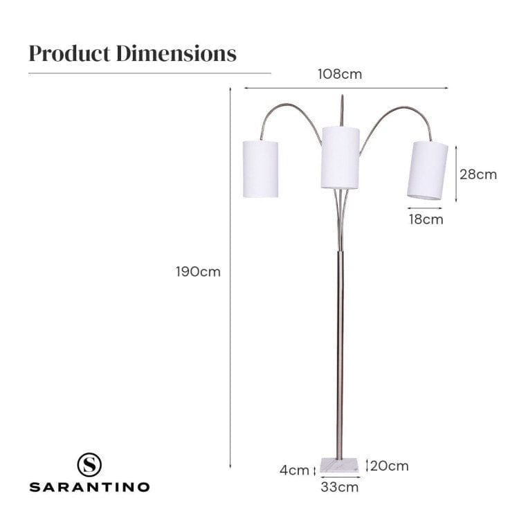 Sarantino Lamp SARANTINO 3-LIGHT METAL ARC FLOOR LAMP - NICKEL & MARBLE FINISH