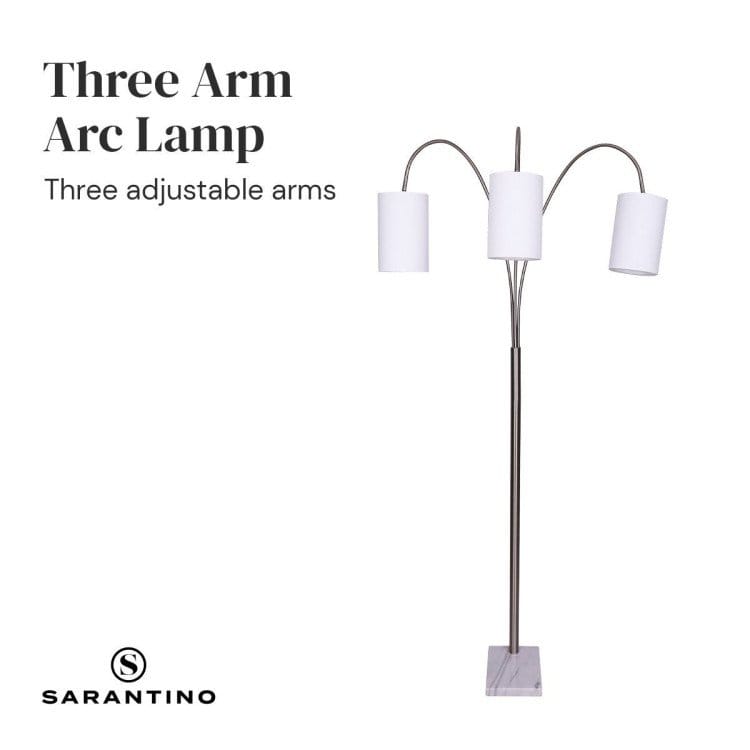 Sarantino Lamp SARANTINO 3-LIGHT METAL ARC FLOOR LAMP - NICKEL & MARBLE FINISH