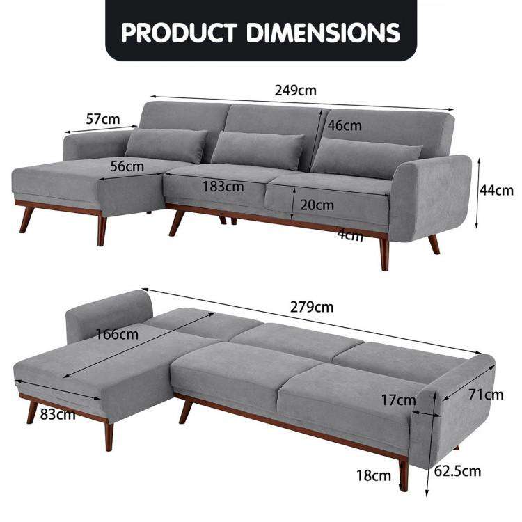 SARANTINO FAUX VELVET SOFA BED COUCH LOUNGE CHAISE CUSHIONS LIGHT GREY Sarantino