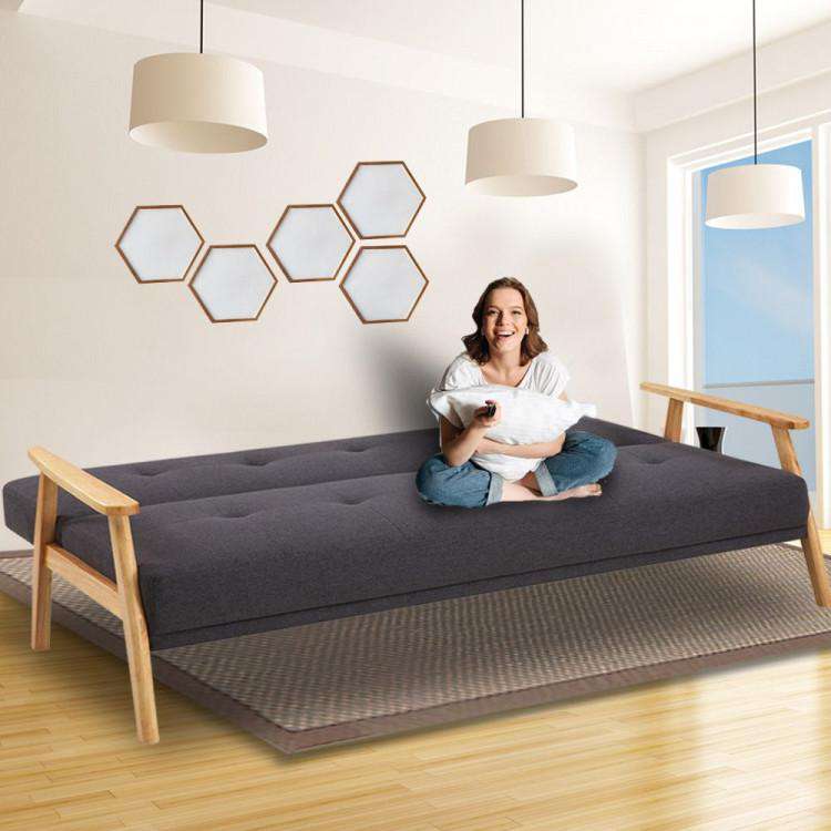 THREE SEATER LINEN FABRIC SOFA BED LOUNGE COUCH FUTON - DARK GREY Big Bedding Australia