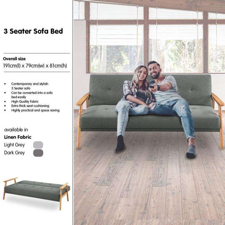 THREE SEATER LINEN FABRIC SOFA BED LOUNGE COUCH FUTON - LIGHT GREY Big Bedding Australia