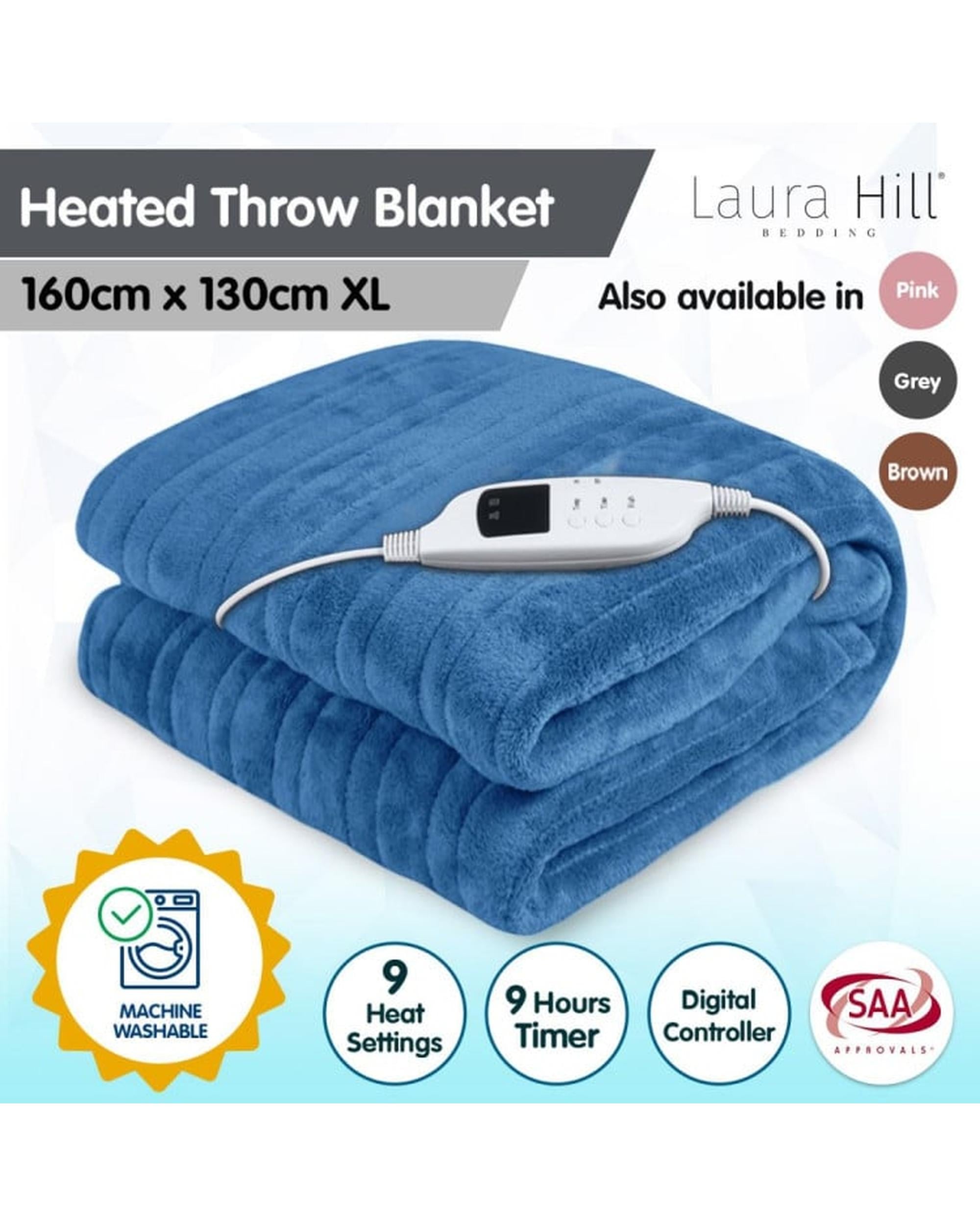 LAURA HILL HEATED ELECTRIC BLANKET CORAL WARM FLEECE WINTER BLUE Laura Hill