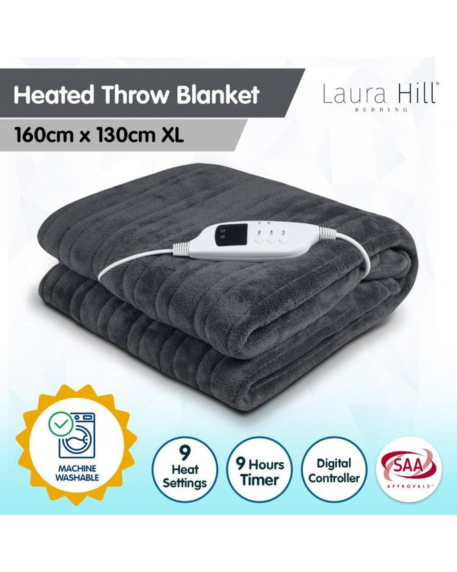 HEATED ELECTRIC BLANKET THROW RUG CORAL WARM FLEECE WINTER GREY Laura Hill