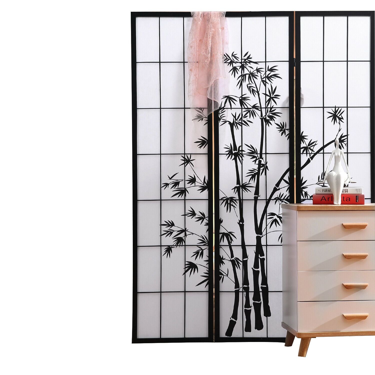 Three Panel Free Standing Foldable  Room Divider Privacy Screen Bamboo Print Levede