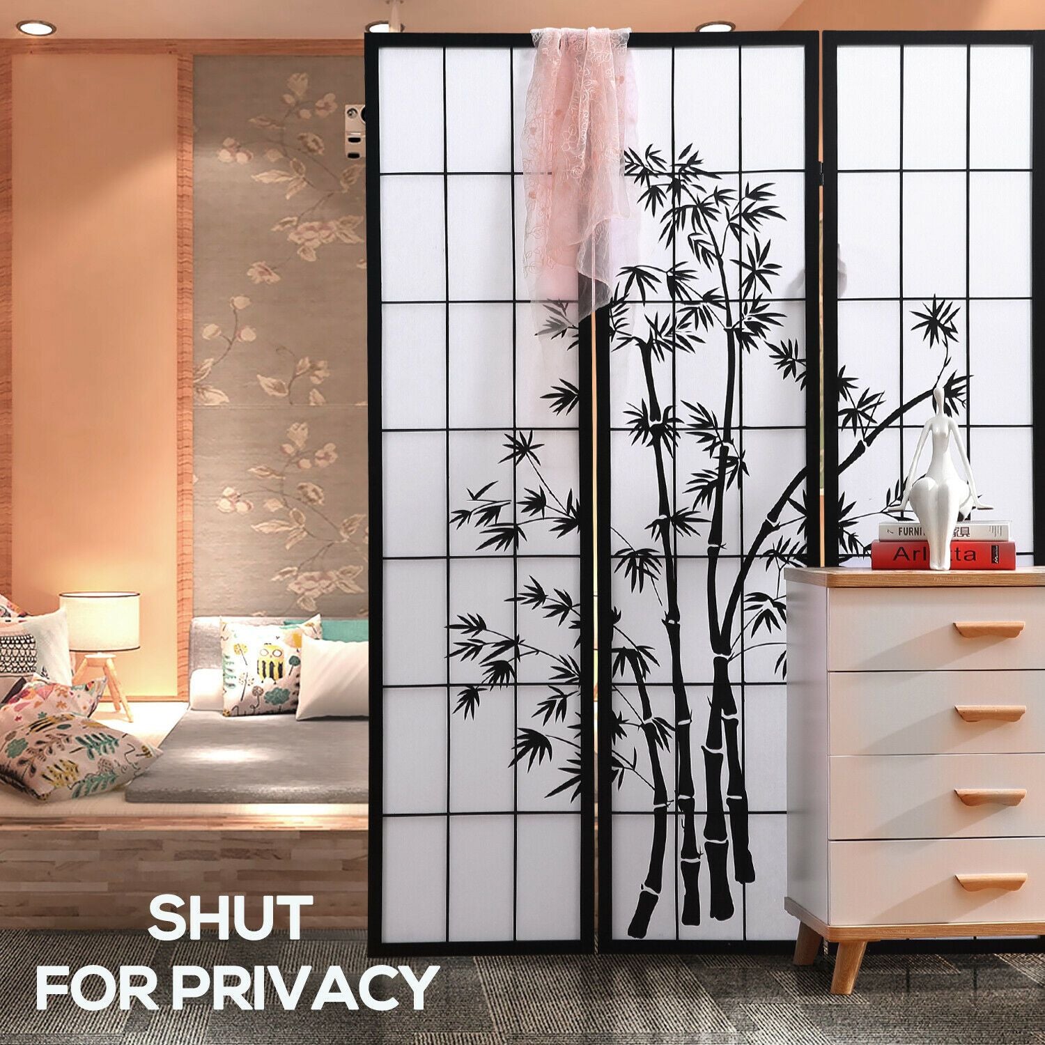 Three Panel Free Standing Foldable  Room Divider Privacy Screen Bamboo Print Levede