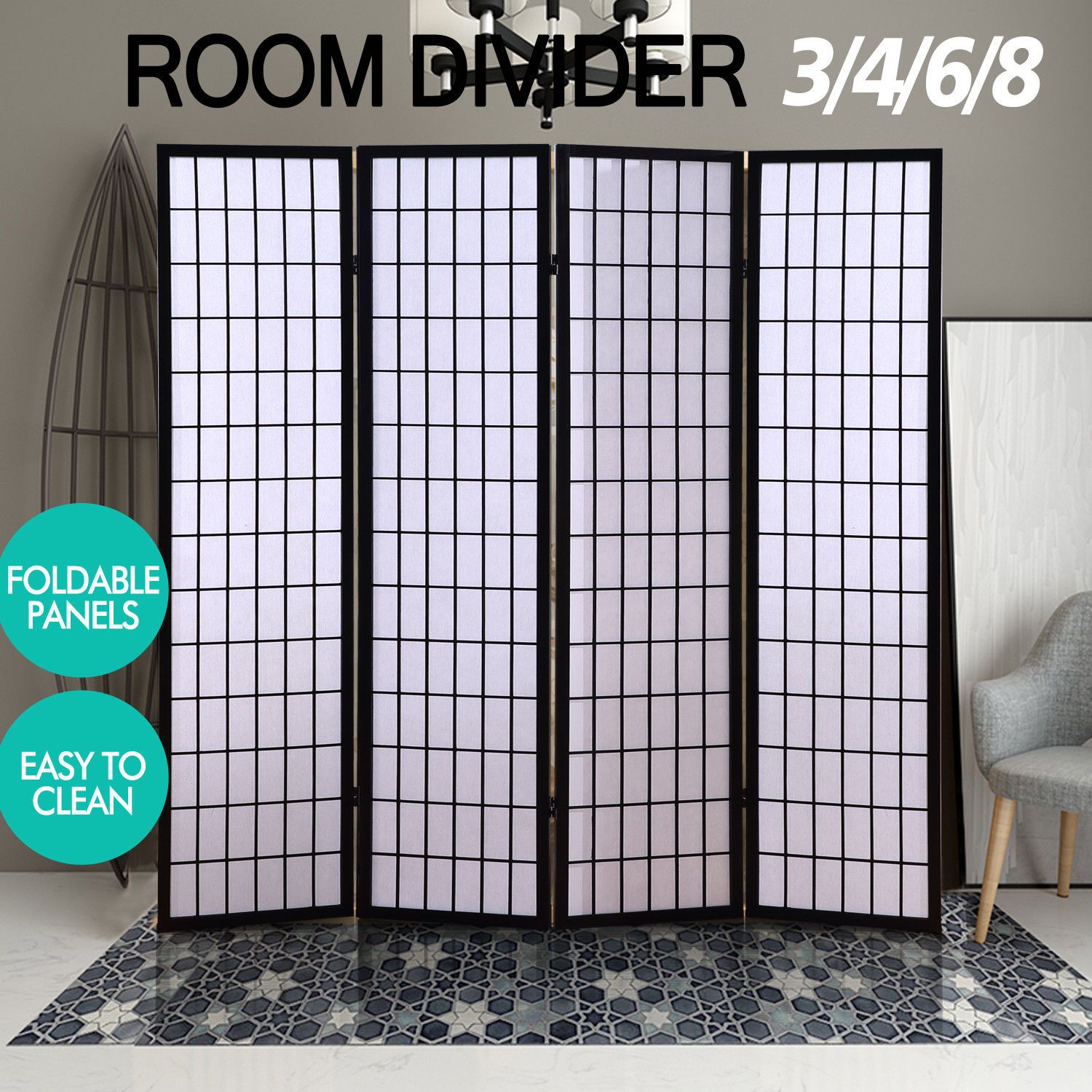 8 Panel Free Standing Foldable  Room Divider Privacy Screen Black Frame Levede