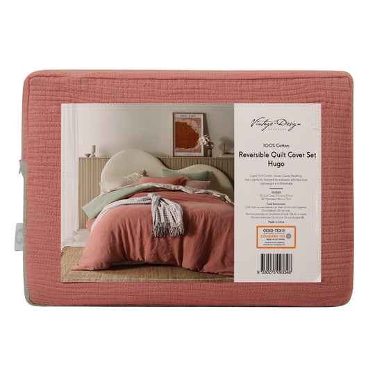 Vintage Design Hugo Reversible Quilt Cover Set Range Sage and Clay Vintage Design