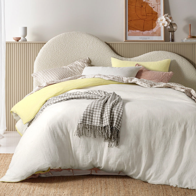 Vintage Design Hugo Reversible Quilt Cover Set Range White and Butter Vintage Design