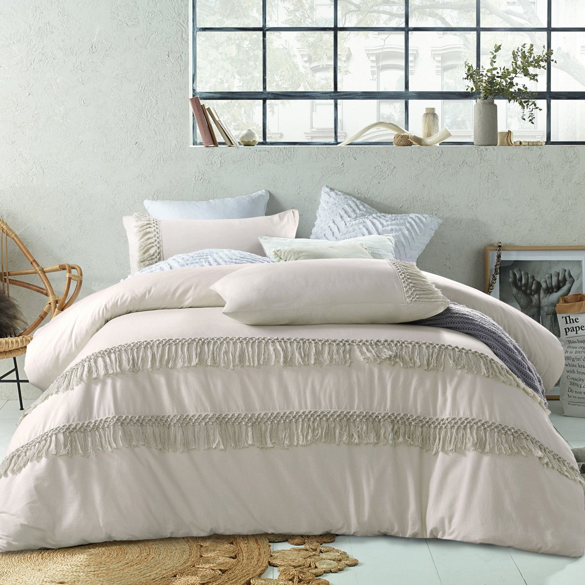 Vintage Design Quilt Cover Vintage Design Cream Boho Tassel Cotton Quilt Cover Set
