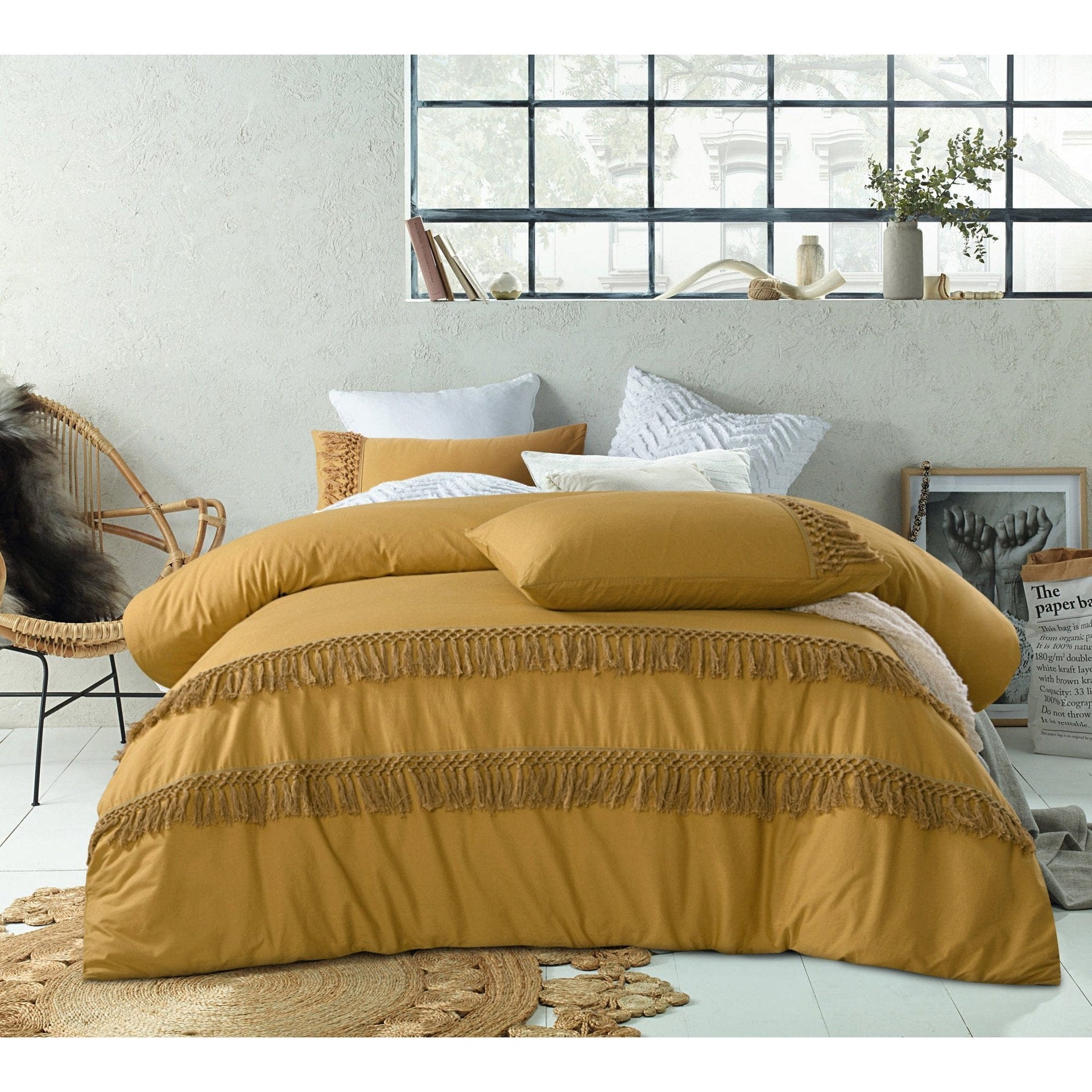 Vintage Design Quilt Cover Vintage Design Ochre Boho Tassel Cotton Quilt Cover Set