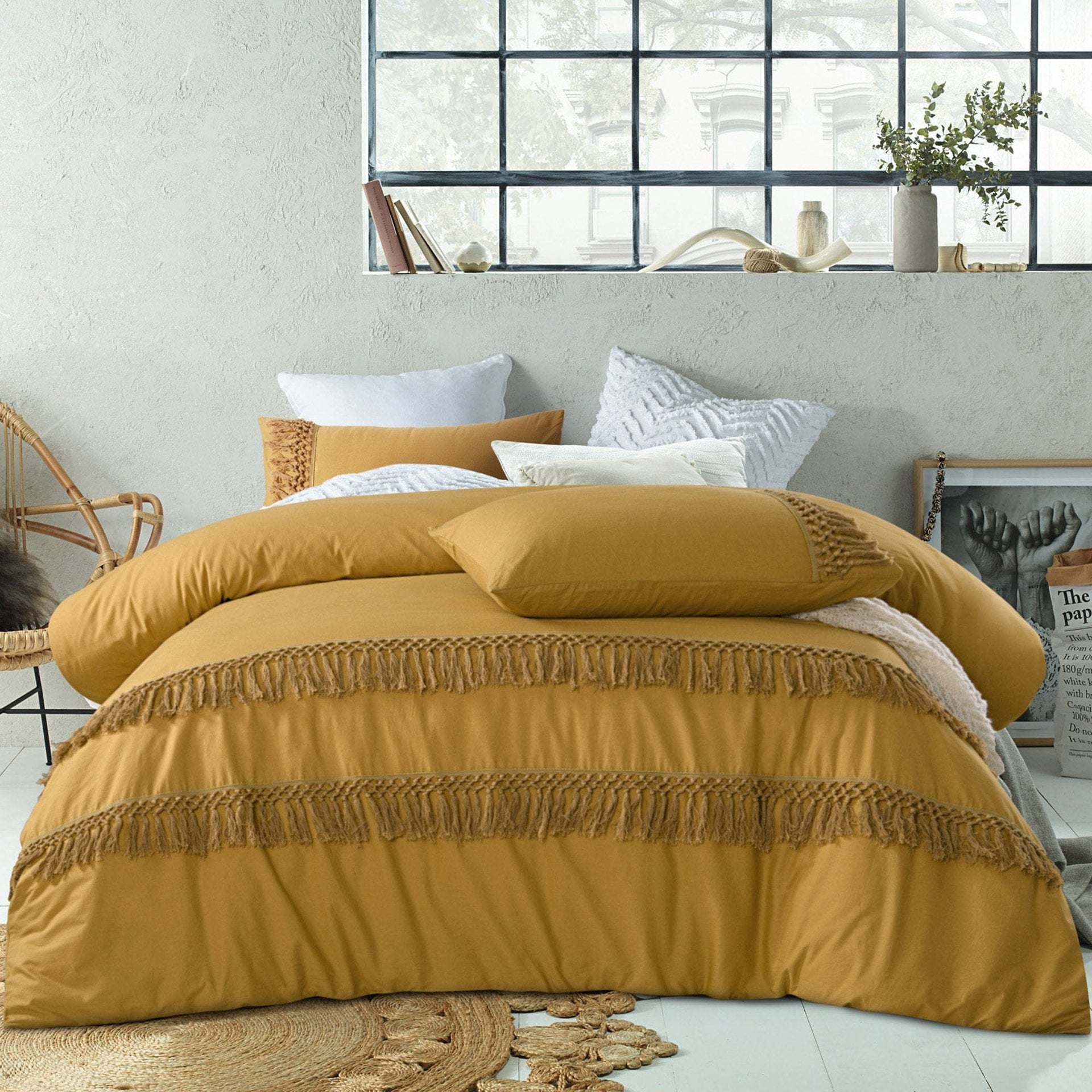 Vintage Design Quilt Cover Vintage Design Ochre Boho Tassel Cotton Quilt Cover Set