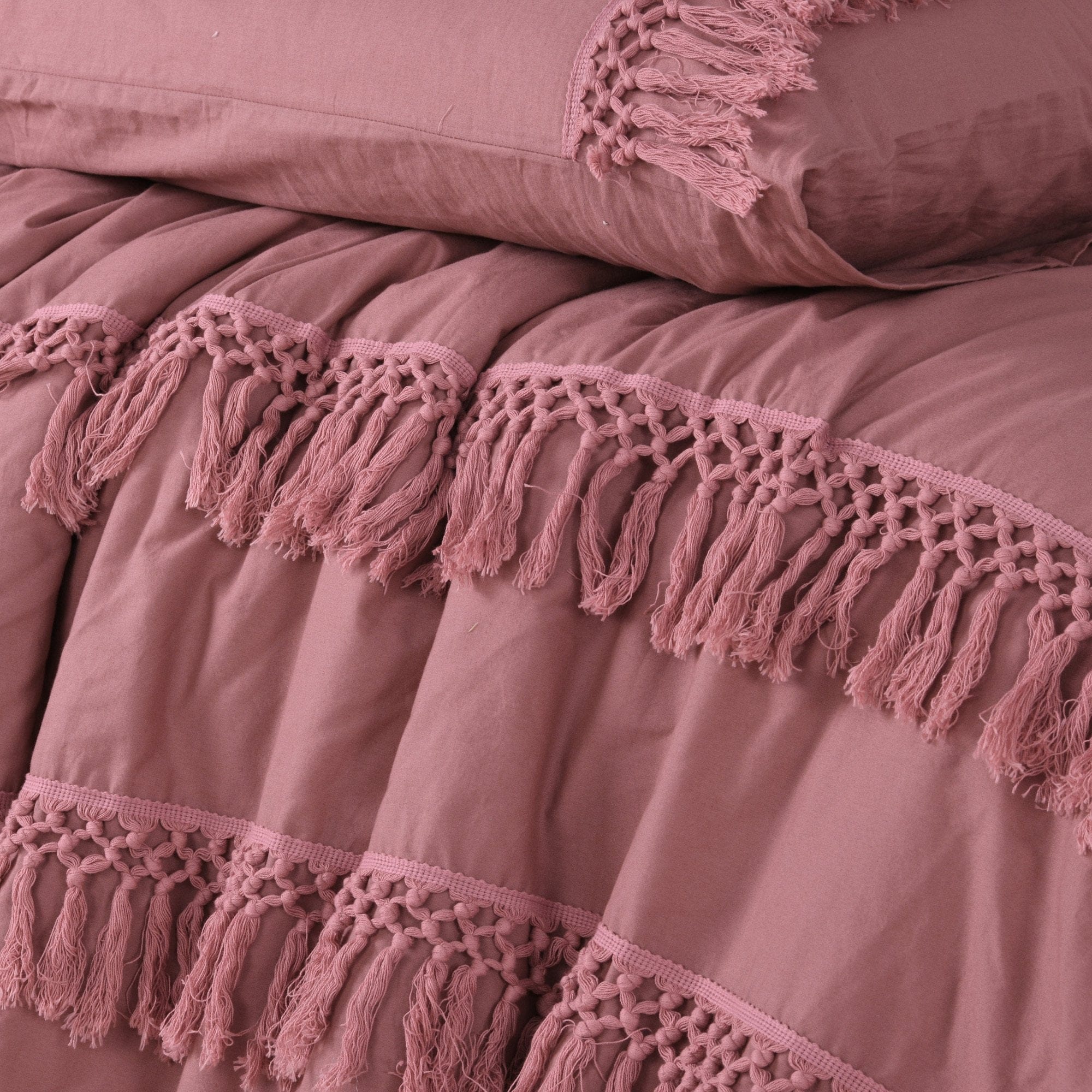 Vintage Design Quilt Cover Vintage Design Smokey Rose Boho Tassel Cotton Quilt Cover Set