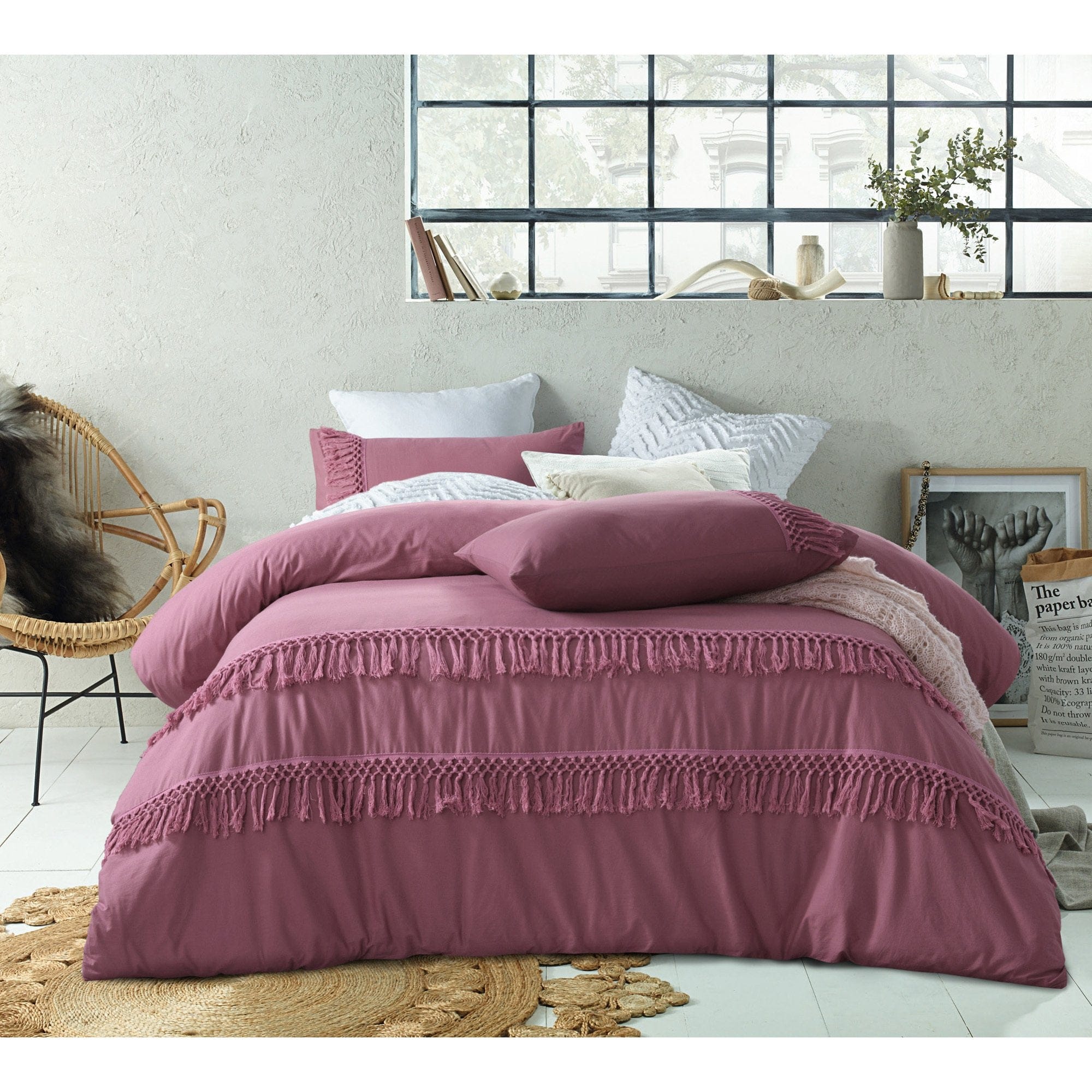 Vintage Design Quilt Cover Vintage Design Smokey Rose Boho Tassel Cotton Quilt Cover Set