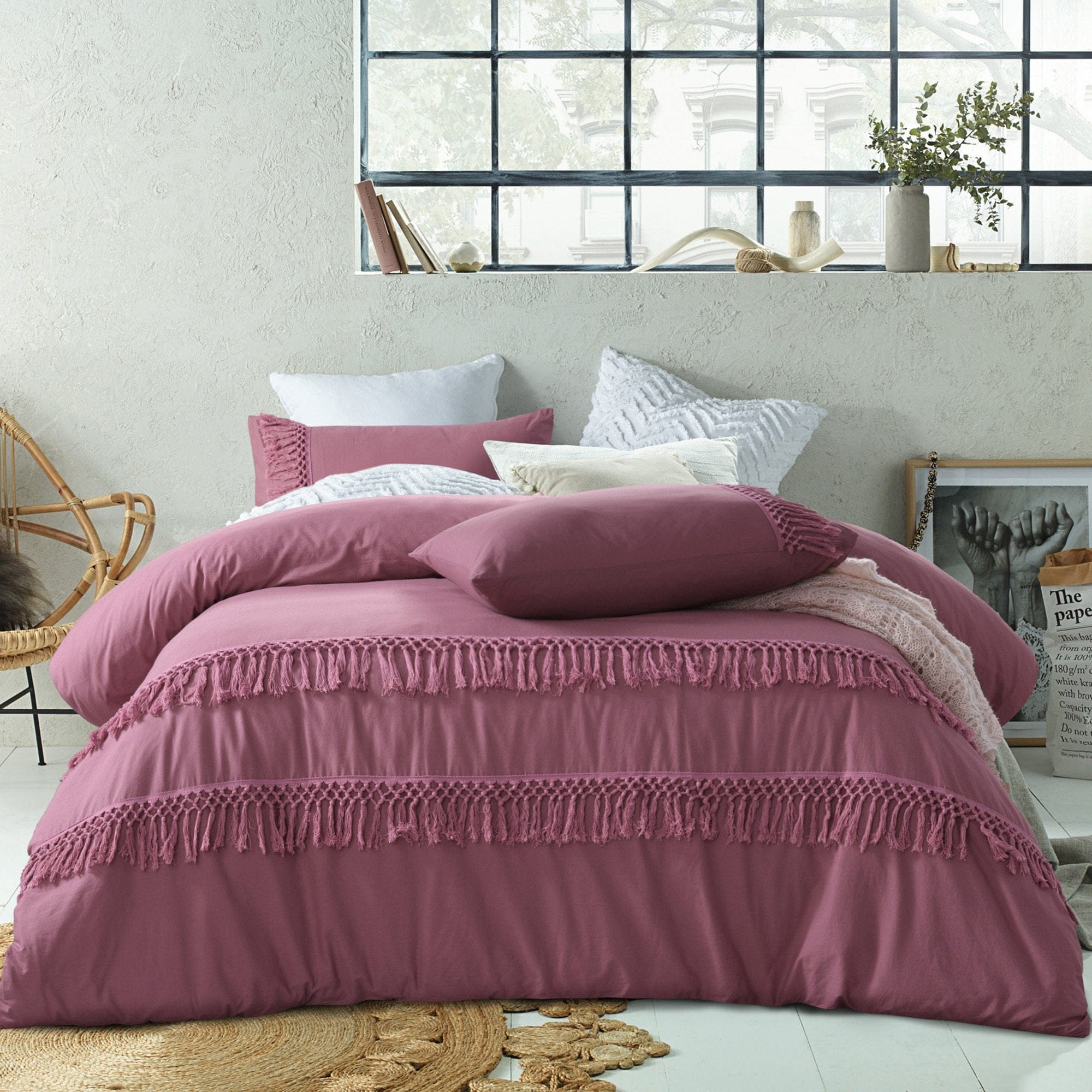 Vintage Design Quilt Cover Vintage Design Smokey Rose Boho Tassel Cotton Quilt Cover Set