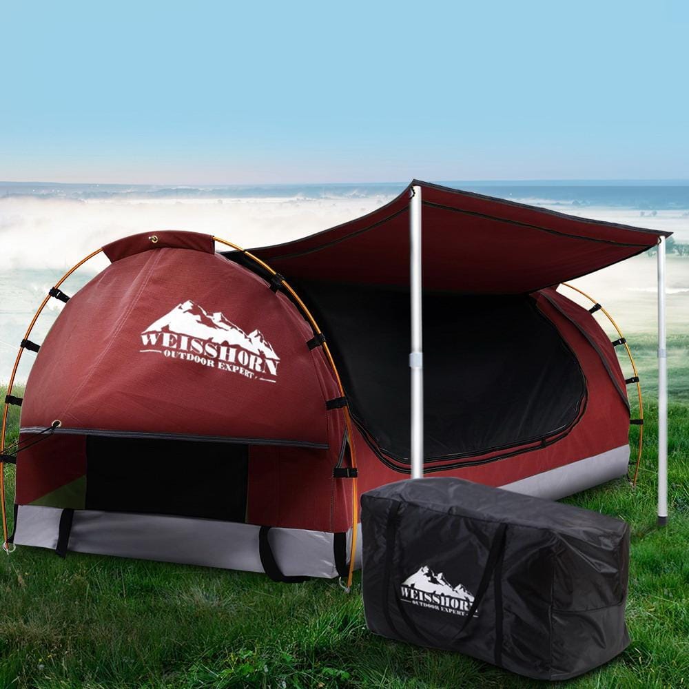 Weisshorn Outdoor Sleeping Double Swag Camping Swags Canvas Free Standing Dome Tent Red with 7CM Mattress