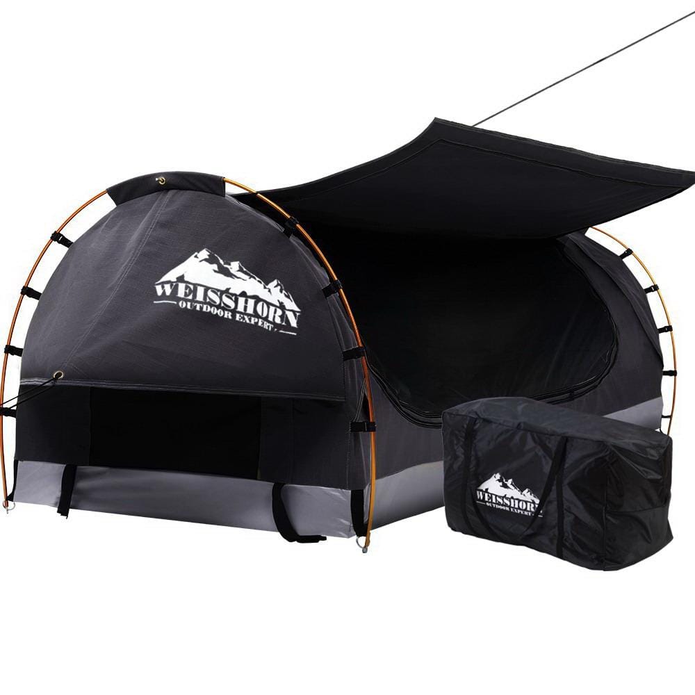 Weisshorn Outdoor Sleeping Swag King Single Camping Swags Canvas Free Standing Dome Tent Dark Grey with 7CM Mattress