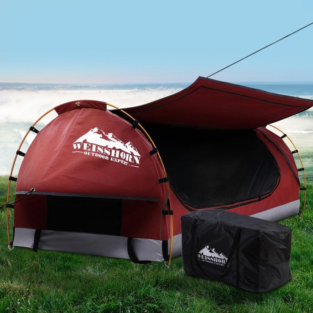 Weisshorn Outdoor Sleeping Swag King Single Camping Swags Canvas Free Standing Dome Tent Red with 7CM Mattress