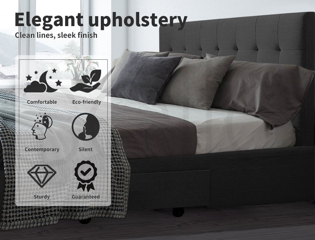 Bed Frame Base With Storage Drawer Mattress Wooden Fabric Queen Dark Grey Levede