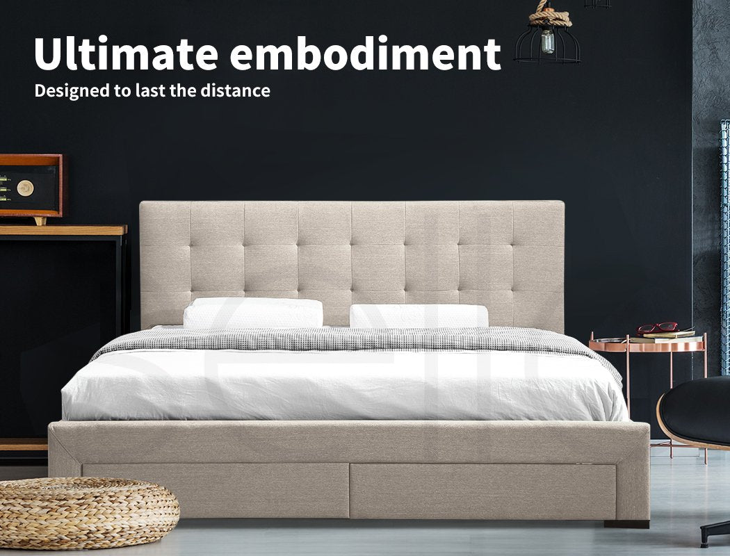 Bed Frame Base With Storage Drawer Mattress Wooden Fabric Double Grey Levede