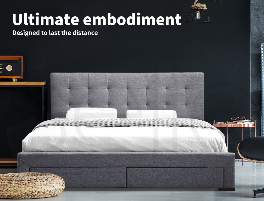 Bed Frame Base With Storage Drawer Mattress Wooden Fabric Double Grey Levede